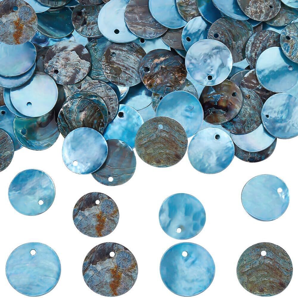 3444 1 Box 140Pcs Flat Round Shell Beads 15mm Seashell Pendants Ocean